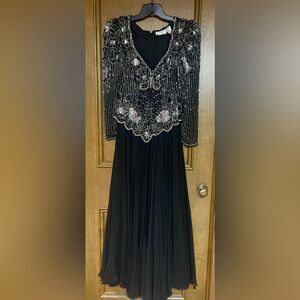 Vintage Silk Silver Gray Embellished Pleated Long Sleeve Gown